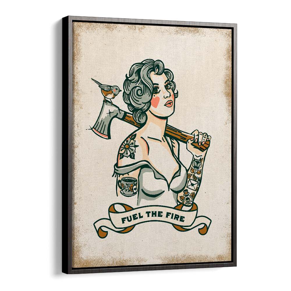 Elegant illustration featuring a woman with an axe, embodying strength and creativity in "FUEL THE FIRE, PORTRAITS."