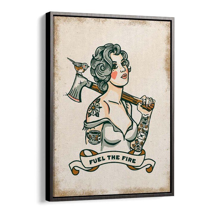 Elegant illustration featuring a woman with an axe, embodying strength and creativity in "FUEL THE FIRE, PORTRAITS."