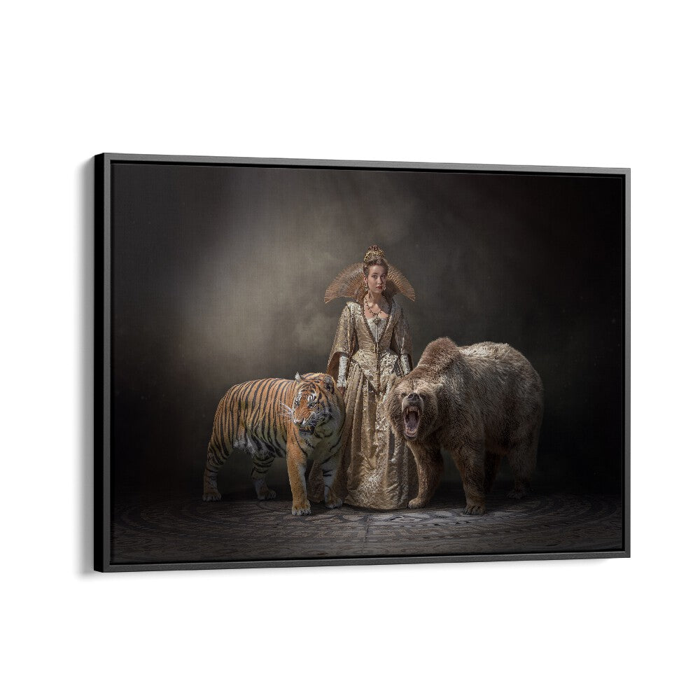 Surreal PRINCESS BEASTS, PHOTOGRAPHY PRINTS featuring a regal figure with a tiger and bear, showcasing enchanting artistry.