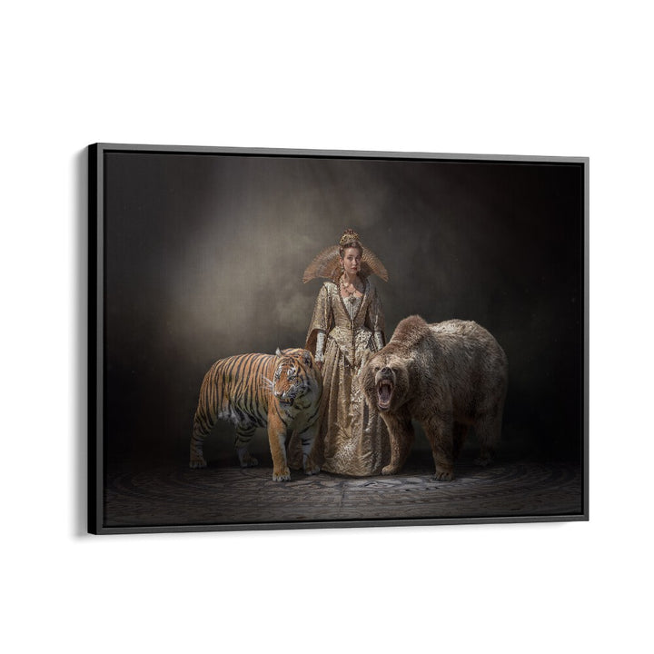 Surreal PRINCESS BEASTS, PHOTOGRAPHY PRINTS featuring a regal figure with a tiger and bear, showcasing enchanting artistry.