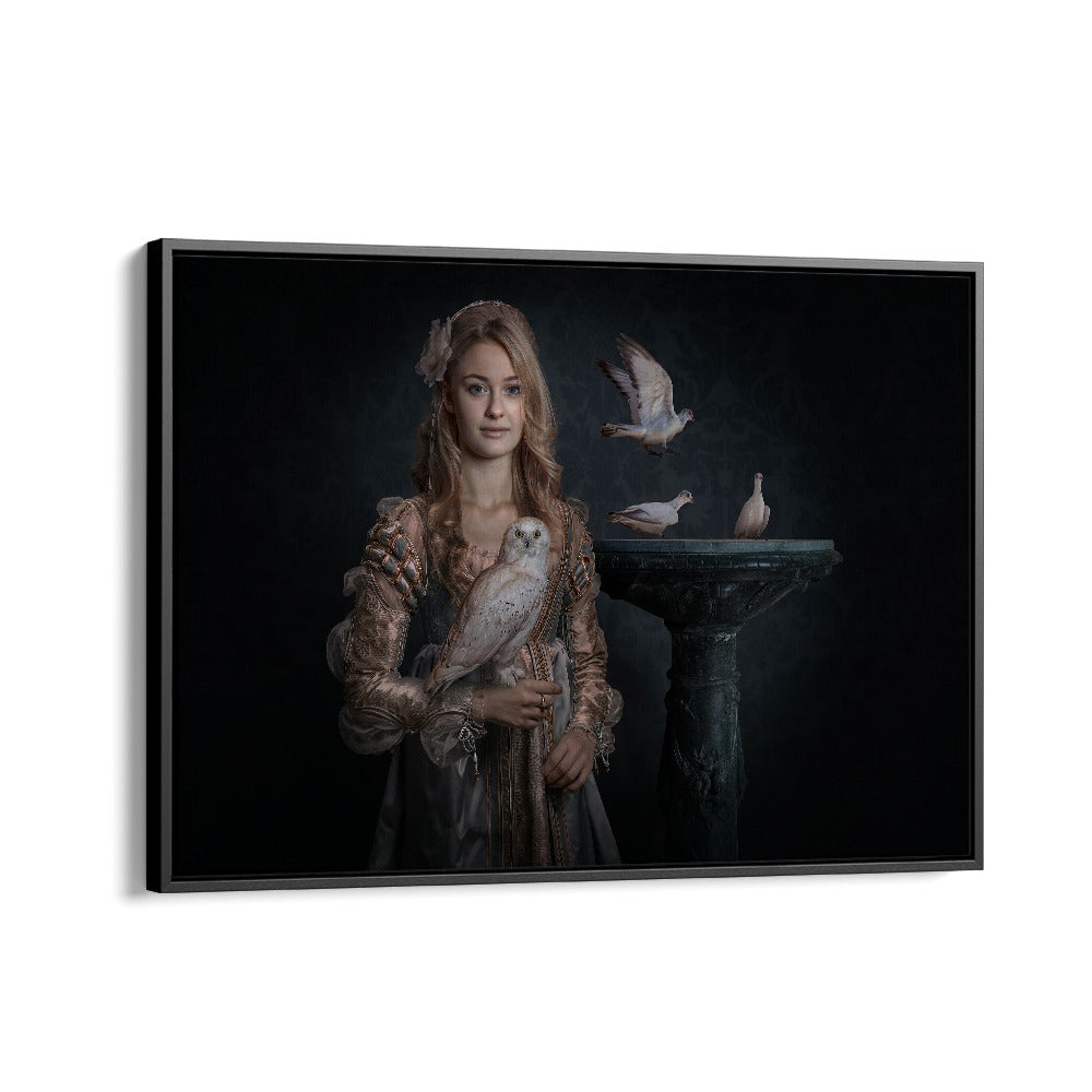Whimsical PRINCESS BIRDS, PHOTOGRAPHY PRINTS showcase surreal art with a graceful figure and enchanting birds.