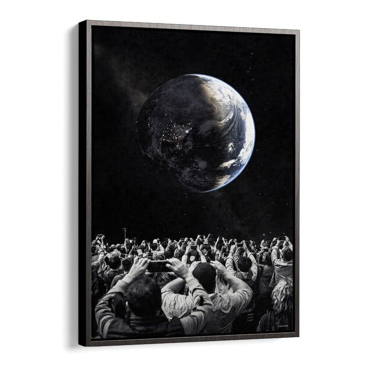 Stunning OBSERVERS, SURREAL ART PRINTS showcase a crowd captivated by Earth against a cosmic backdrop.