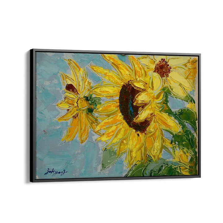 Vibrant SUN FLOWER CANVAS, FLORAL FLOWER PAINTINGS showcasing stunning yellow sunflowers against a soft blue background.