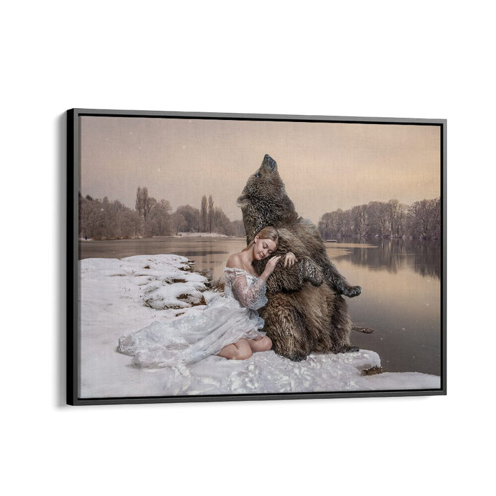 Surreal CUDDLING BEAR , PHOTOGRAPHY PRINTS featuring a woman and bear in a dreamy winter landscape. Perfect for art lovers.