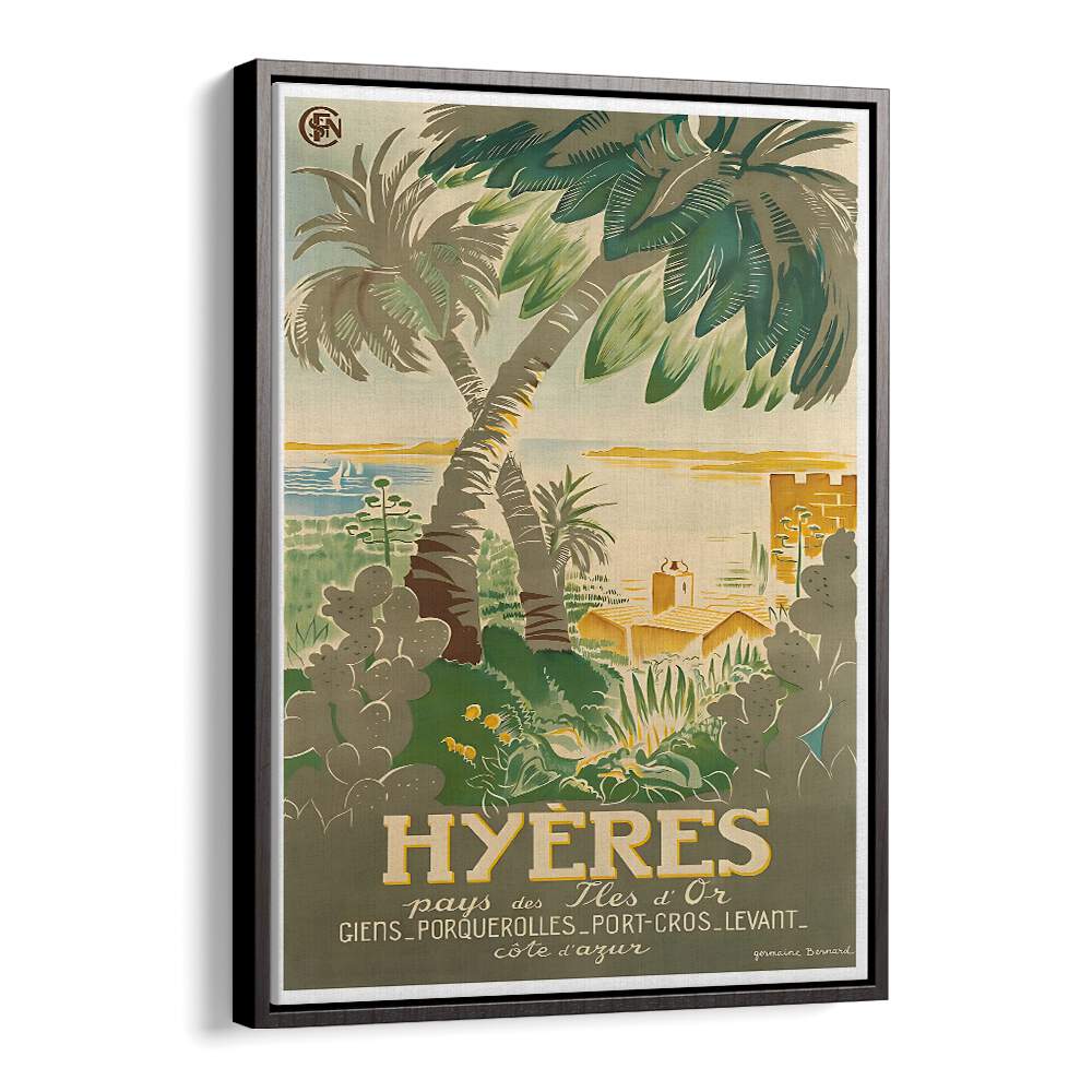 HYERES, VINTAGE TRAVEL POSTERS showcase stunning coastal scenery and palm trees, perfect for nostalgic decor.