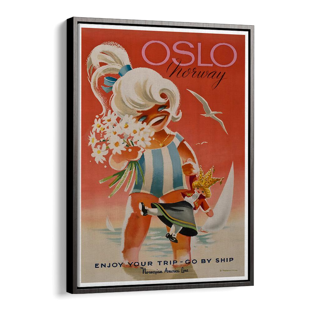 Charming OSLO, VINTAGE TRAVEL POSTERS featuring a joyful girl with flowers, perfect for travel enthusiasts' decor.