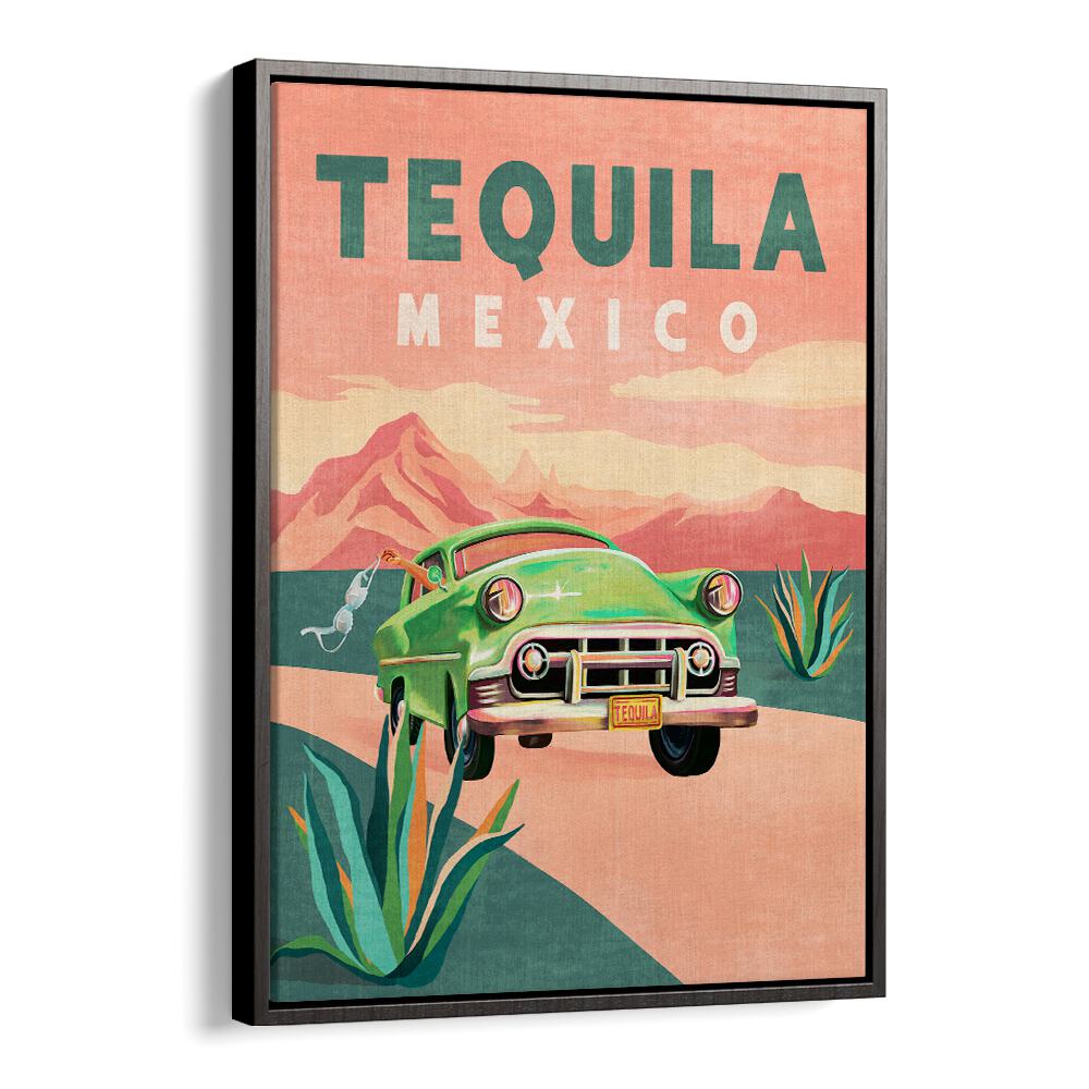 Vibrant TEQUILA MEXICO TRAVEL POSTERS featuring a classic green car, capturing the essence of Mexican culture.