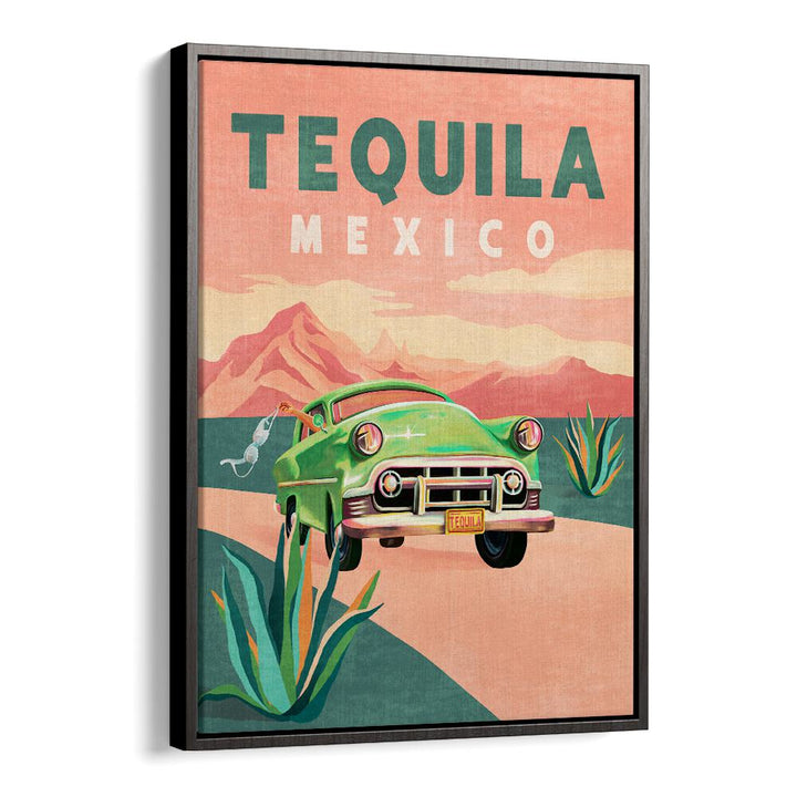 Vibrant TEQUILA MEXICO TRAVEL POSTERS featuring a classic green car, capturing the essence of Mexican culture.