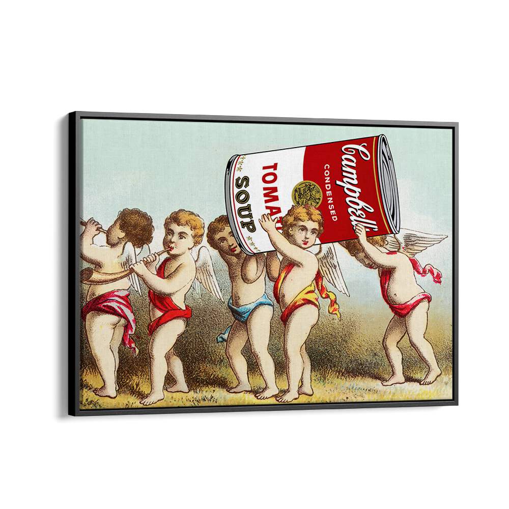 Whimsical WE HAVE A SNACK, ALTERED ART PRINTS by Dikhotomy features cherubs with a soup can, perfect for art lovers.