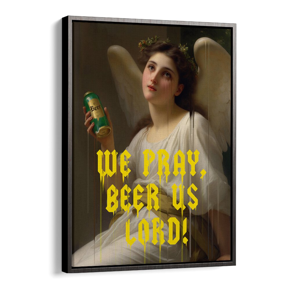 "We Pray Beer Us Lord, altered art prints by Dikhotomy blend humor and spirituality in a vibrant design."