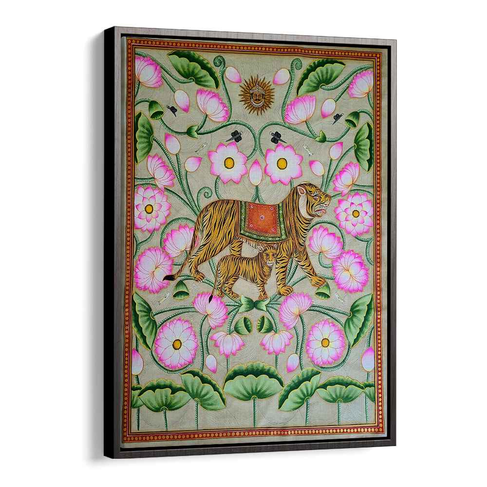 TIGRESS WITH CUB, INDIAN ART PAINTINGS beautifully captures a tigress nurturing her cub amidst vibrant flora.
