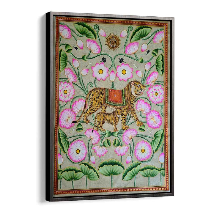 TIGRESS WITH CUB, INDIAN ART PAINTINGS beautifully captures a tigress nurturing her cub amidst vibrant flora.