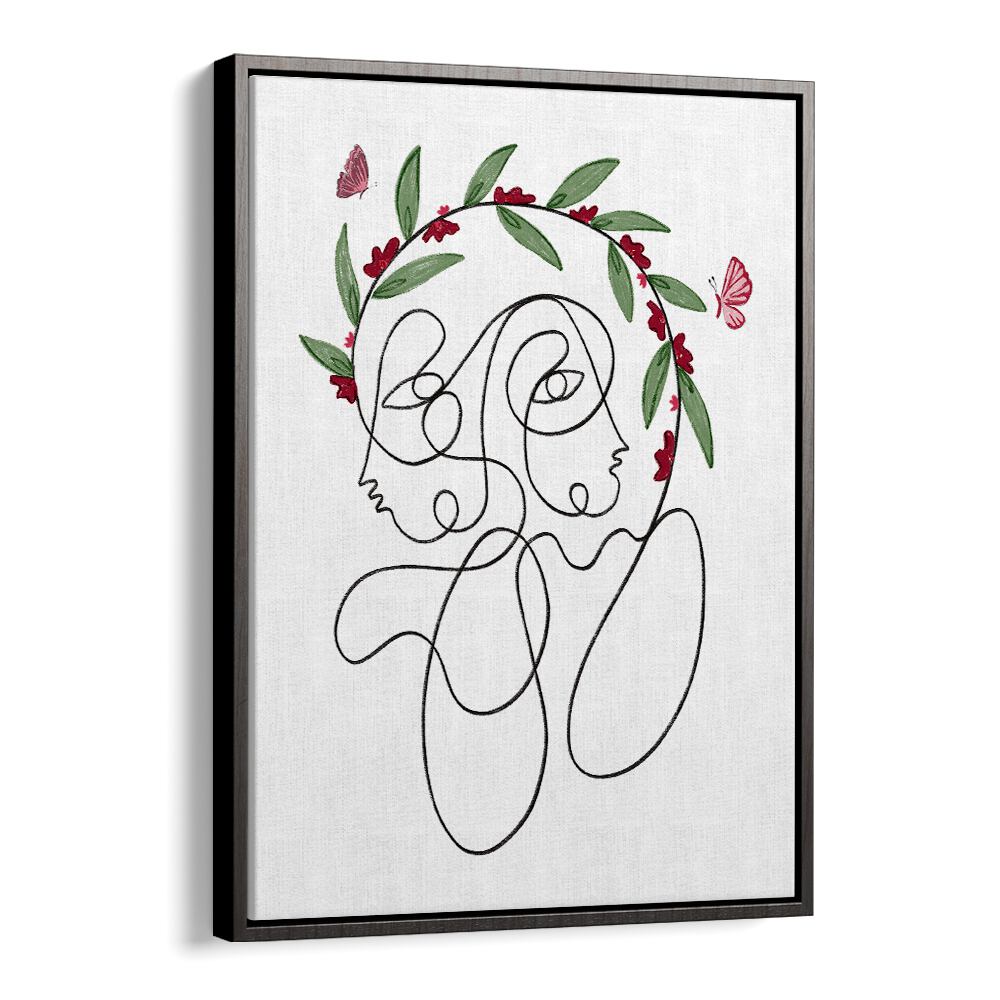 Elegant BLOSSOMING CONNECTION, LINE ART PAINTINGS featuring intertwined faces and floral accents, perfect for modern decor.