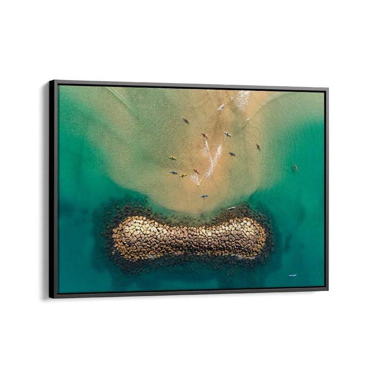 Stunning aerial view of kayakers at a serene beach, perfect for KAYAKS WORLD, PHOTOGRAPHY PRINTS collection.