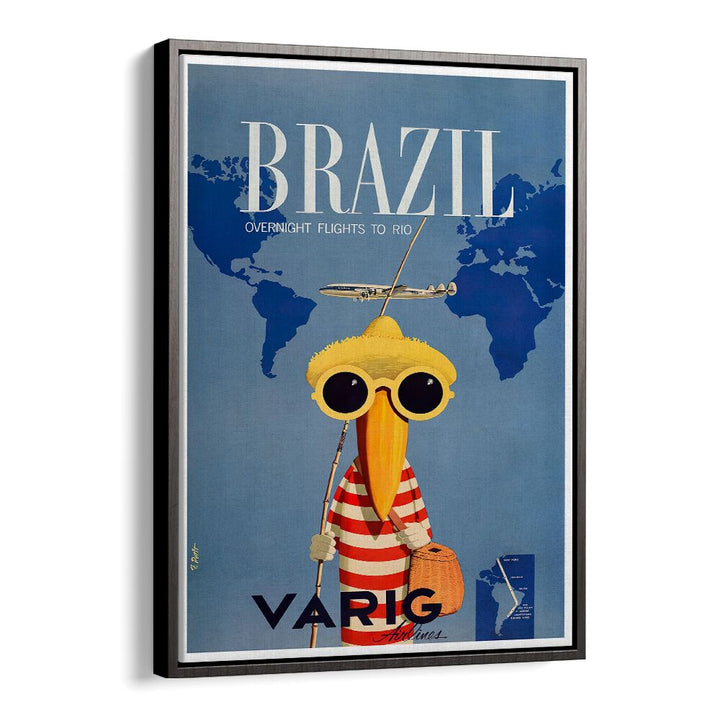Colorful vintage travel poster for Brazil, featuring a whimsical character, perfect for showcasing BRAZIL I, VINTAGE TRAVEL POSTERS.