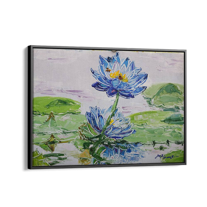 Vibrant LOTUS FLOWER CANVAS, FLORAL FLOWER PAINTINGS showcasing blue lotus blooms amid lush green lily pads.