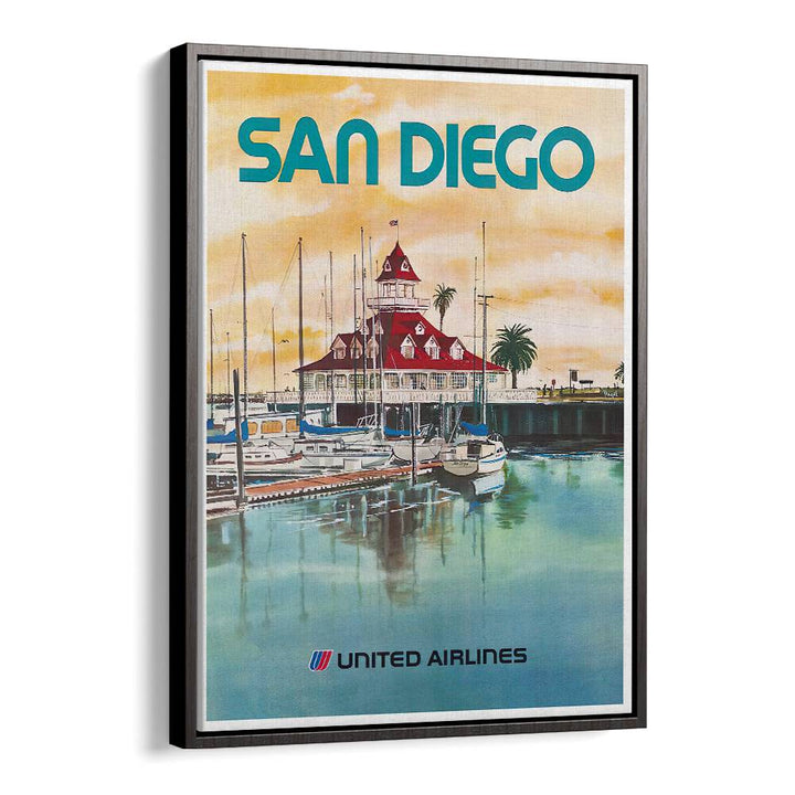Framed SAN DIEGO, VINTAGE TRAVEL POSTERS showcasing stunning coastal scenery and vibrant culture for home decor.