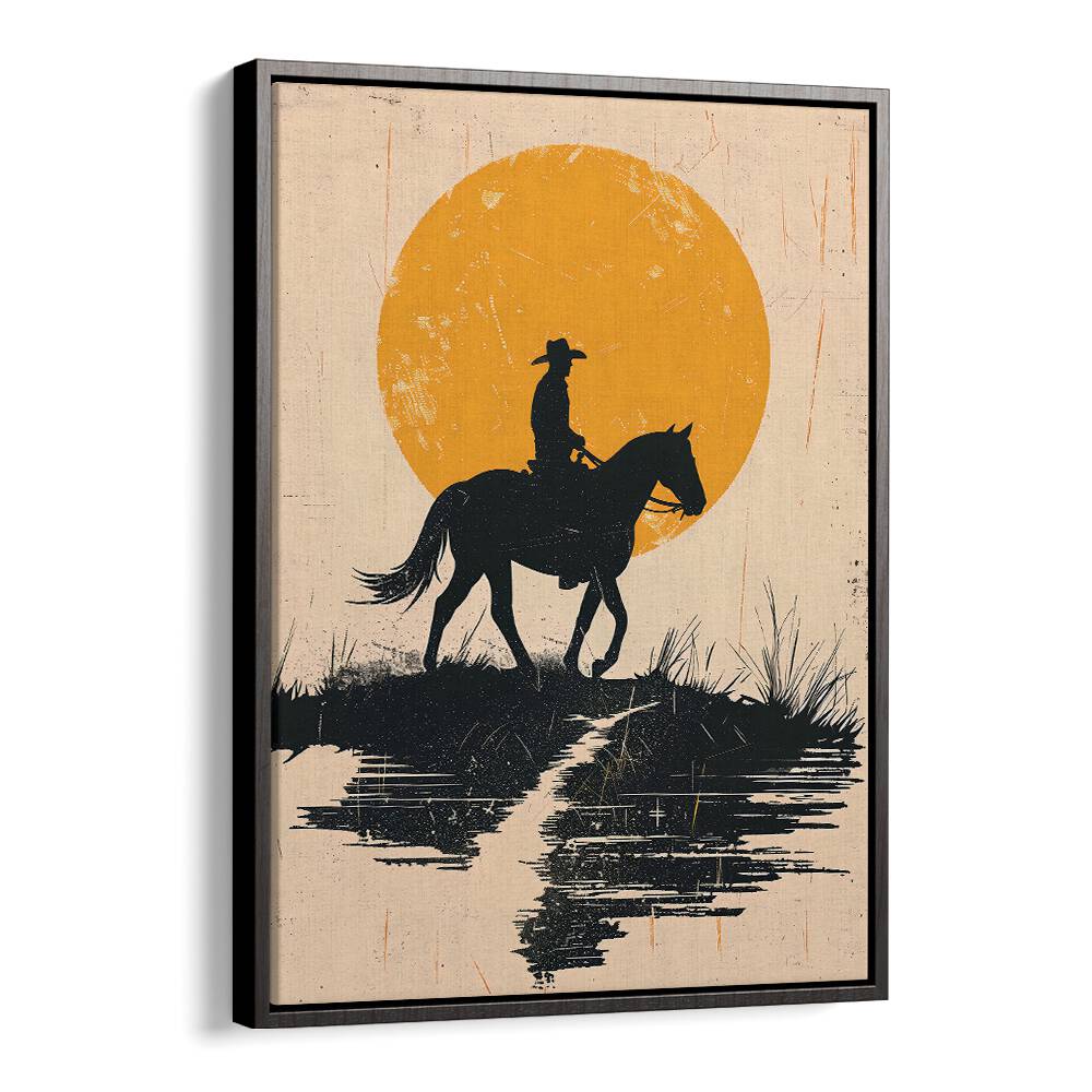 Captivating COWBOY IN THE SUNSET artwork, showcasing a lone cowboy against a vibrant sunset backdrop. Perfect for rustic decor.