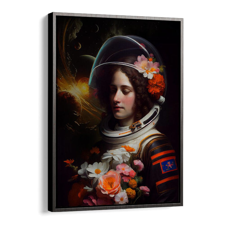 ASTRONAUT BEAUTY, ALTERED ART PRINTS by Dikhotomy features a cosmic scene with floral accents, enhancing any space.