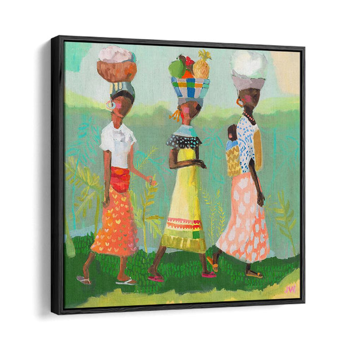 Vibrant artwork from BACK FROM THE MARKET, PORTRAITS, showcasing women carrying goods in colorful attire.