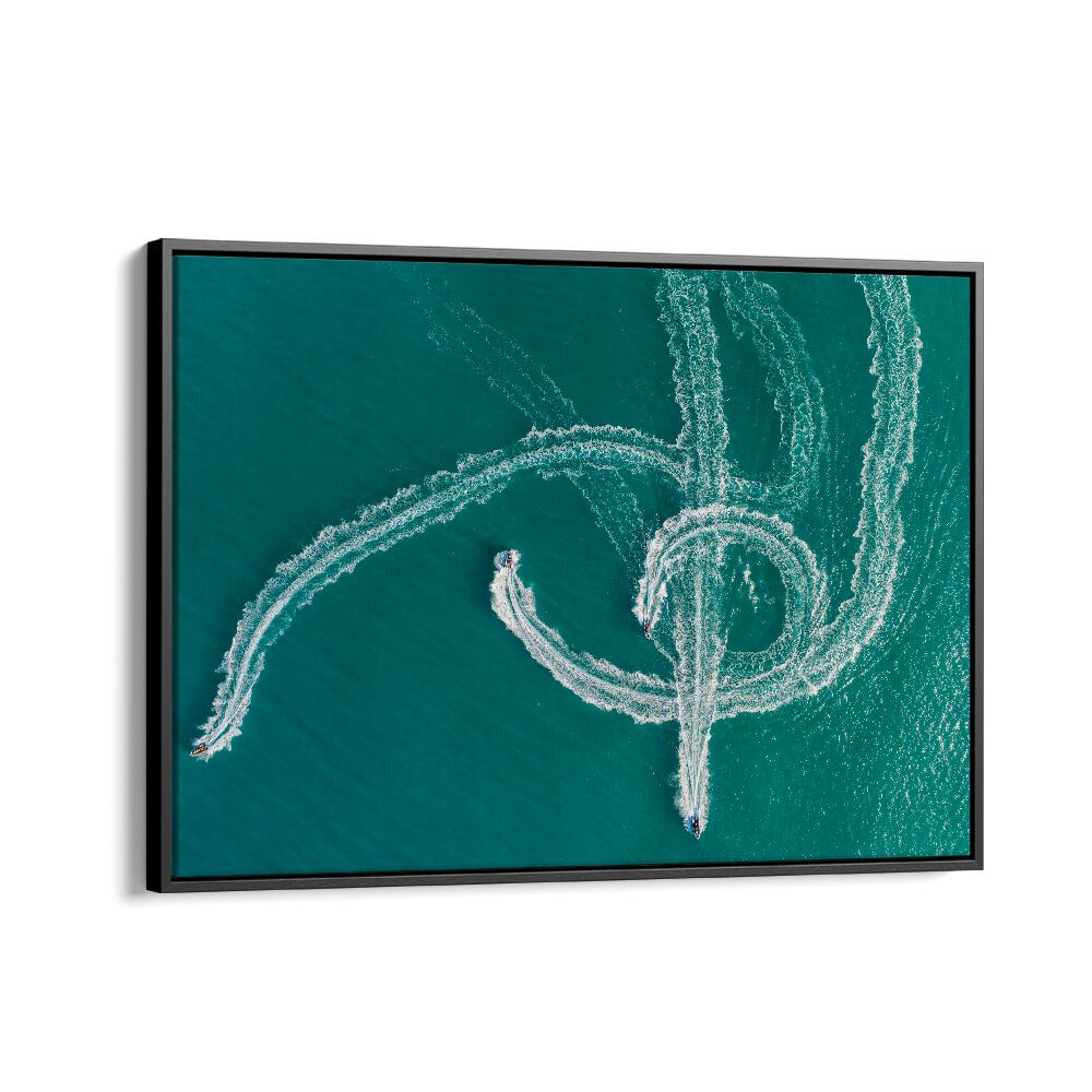 Aerial view of dynamic boat trails in turquoise waters, showcasing SPEEDBOAT SYMPHONY, PHOTOGRAPHY PRINTS collection.