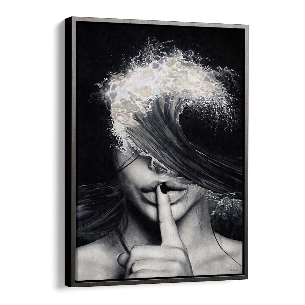 Surreal art print "Secrets and Waves" by Underdott features a woman with a wave, blending dreams and reality.