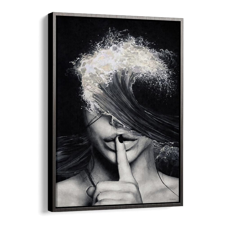 Surreal art print "Secrets and Waves" by Underdott features a woman with a wave, blending dreams and reality.