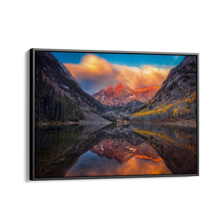Stunning reflection of Maroon Lake at sunrise, perfect for serene decor. A PERFECT MORNING IN MAROON LAKE, PHOTOGRAPHY PRINTS.