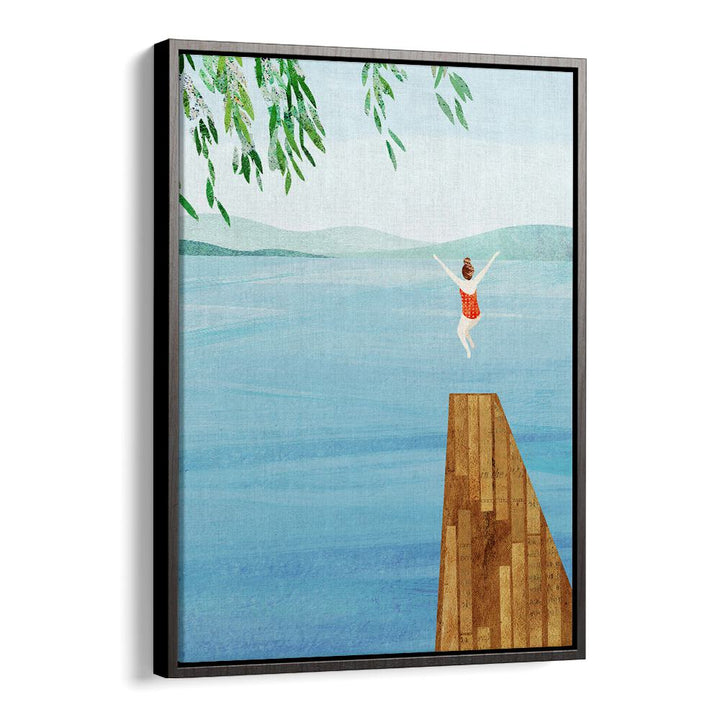 WILD, VIBRANT art print featuring a joyful figure diving into serene waters, perfect for transforming your space.