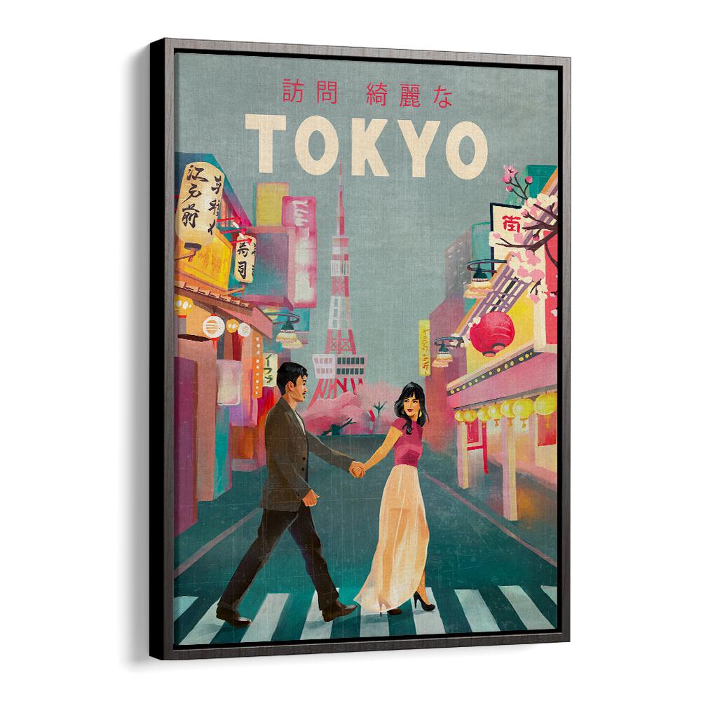 Colorful TOKYO JAPAN, TRAVEL POSTERS showcasing a romantic scene in the vibrant streets, perfect for art lovers.