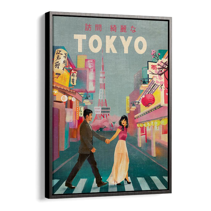 Colorful TOKYO JAPAN, TRAVEL POSTERS showcasing a romantic scene in the vibrant streets, perfect for art lovers.