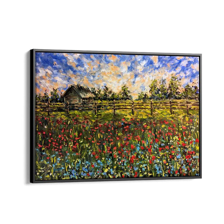 Vibrant COUNTRYSIDE, LANDSCAPE PAINTINGS showcasing a serene field with a rustic cabin and colorful flowers.