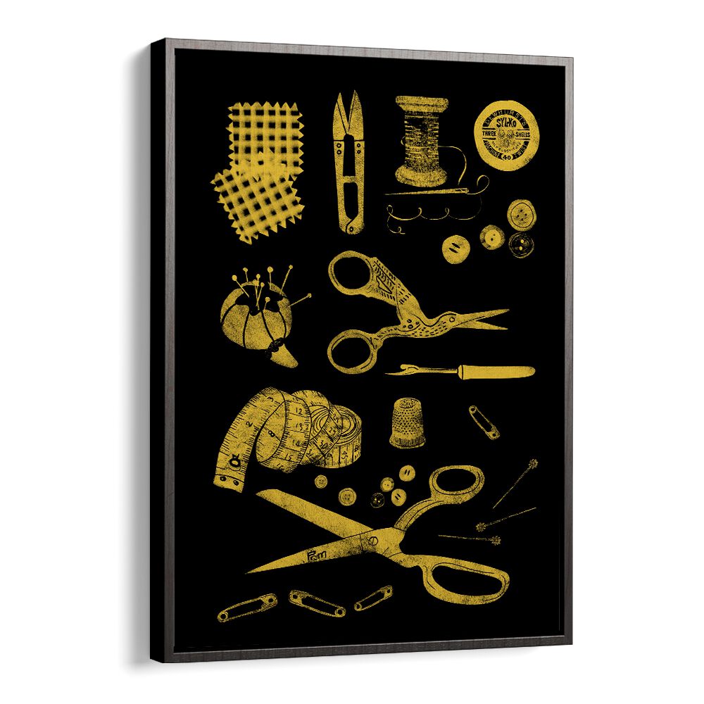 Stylish HABERDASHERY BLACK AND GOLD FASHION POSTERS featuring sewing tools on a sleek black background. Perfect for decor!