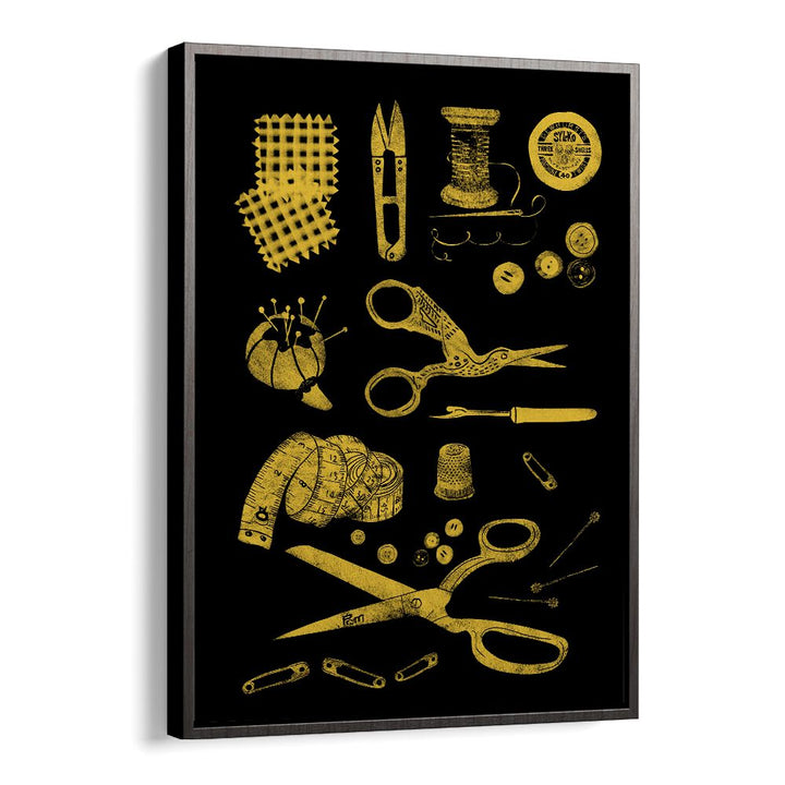 Stylish HABERDASHERY BLACK AND GOLD FASHION POSTERS featuring sewing tools on a sleek black background. Perfect for decor!
