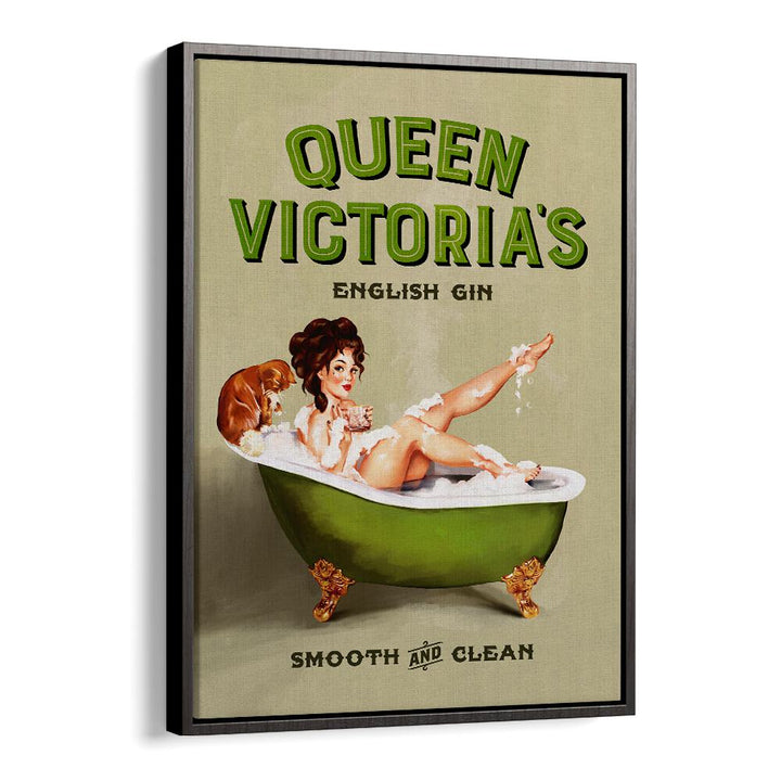 Charming QUEEN VICTORIA, PORTRAITS artwork features a playful pinup girl in a vintage English gin bath setting.