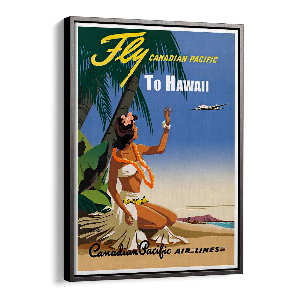 Tropical scene featuring a woman and vintage plane, showcasing HAWAII IV, VINTAGE TRAVEL POSTERS for a nostalgic touch.