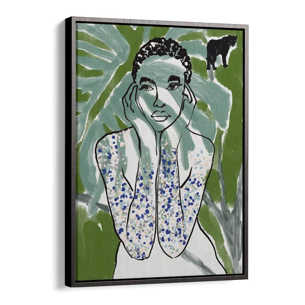 Vibrant JUNGLE ZONE, PORTRAITS art featuring a figure with lush greenery, perfect for modern decor.