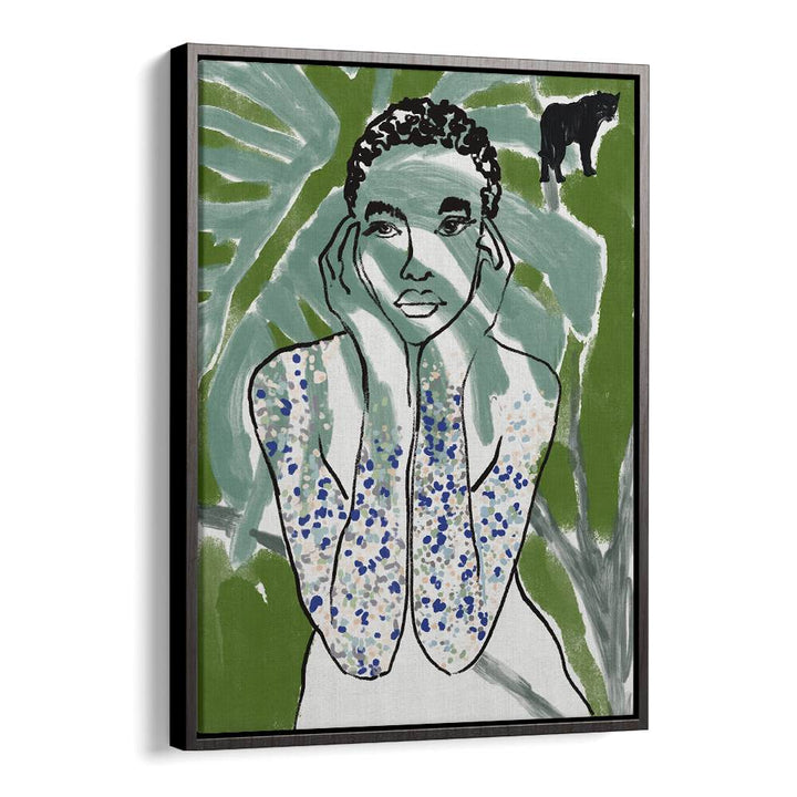 Vibrant JUNGLE ZONE, PORTRAITS art featuring a figure with lush greenery, perfect for modern decor.
