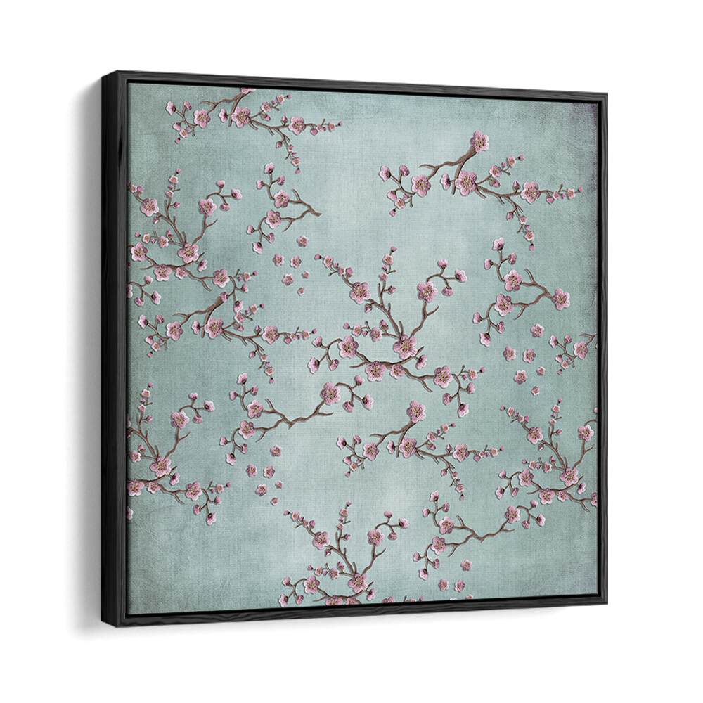 Elegant CHERRY BLOSSOMS II, FLORAL FLOWER PAINTINGS showcasing beautiful pink flowers on a serene blue background.