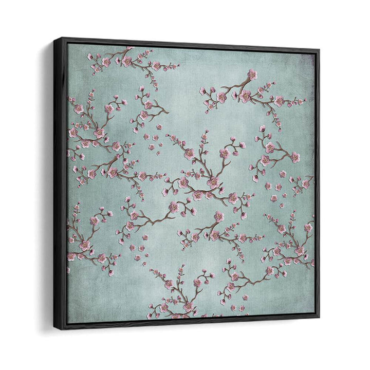 Elegant CHERRY BLOSSOMS II, FLORAL FLOWER PAINTINGS showcasing beautiful pink flowers on a serene blue background.