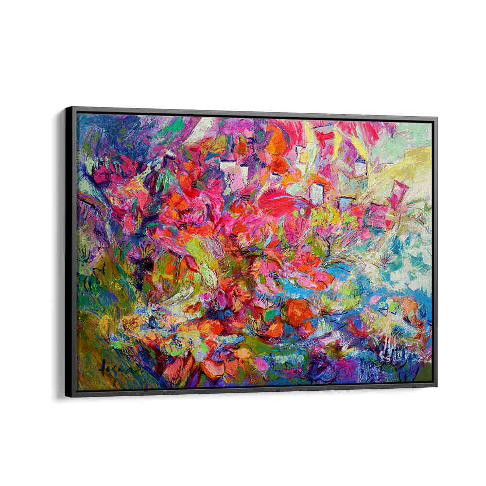 LUMINOUS PETAL CASCADE , FLORAL FLOWER PAINTINGS vibrant pastel blooms and bold brushstrokes in Black Floater frame