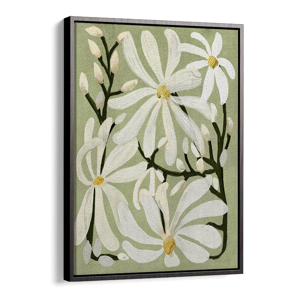 Delicate STAR MAGNOLI, FLORAL FLOWER PAINTINGS showcasing white magnolias against a soft green background. Perfect for homes.