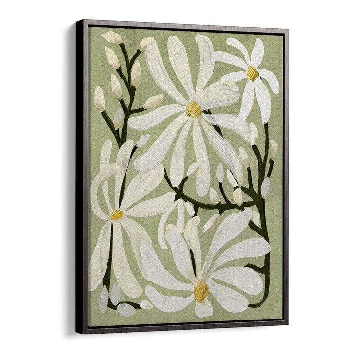 Delicate STAR MAGNOLI, FLORAL FLOWER PAINTINGS showcasing white magnolias against a soft green background. Perfect for homes.