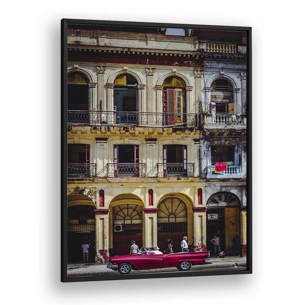 Vibrant red car parked on a bustling Havana street, perfect for "RED CAR IN HABANA STREET, PHOTOGRAPHY PRINTS."