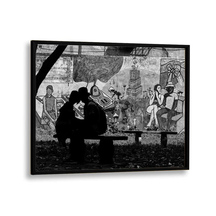 Couple sharing a tender moment beneath urban art, showcasing the beauty of RELATIONSHIP, PHOTOGRAPHY PRINTS.