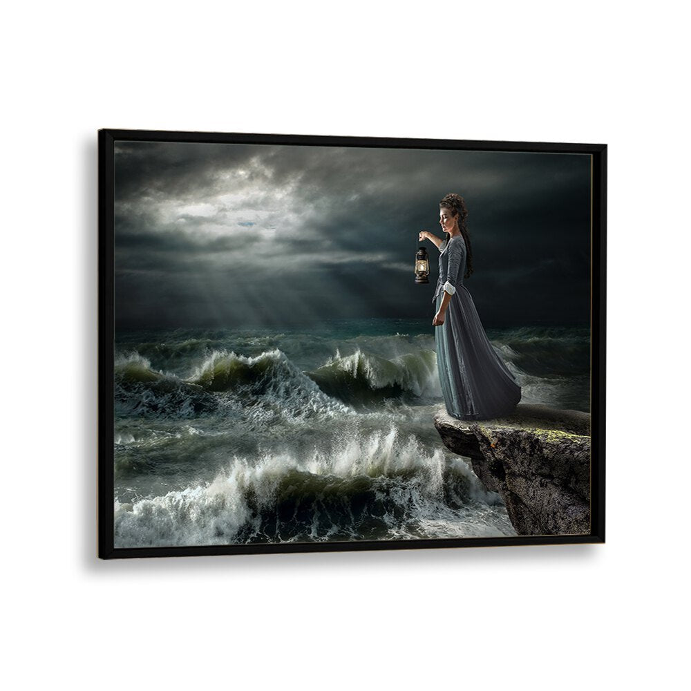 Surreal STORM MAID, PHOTOGRAPHY PRINTS showcasing a woman with a lantern by stormy seas, inviting imagination and exploration.