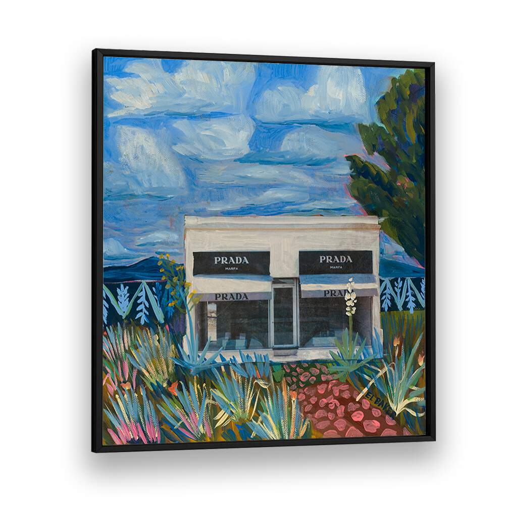 PRADA GARDEN, FASHION POSTERS showcase a vibrant mural of a PRADA store amidst lush landscapes and blue skies.