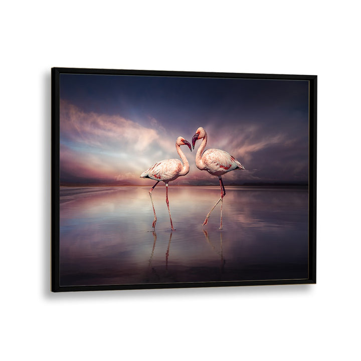Elegant FLAMINGO LOVE, PHOTOGRAPHY PRINTS showcasing two flamingos in a surreal, dreamy landscape. Perfect for art lovers.
