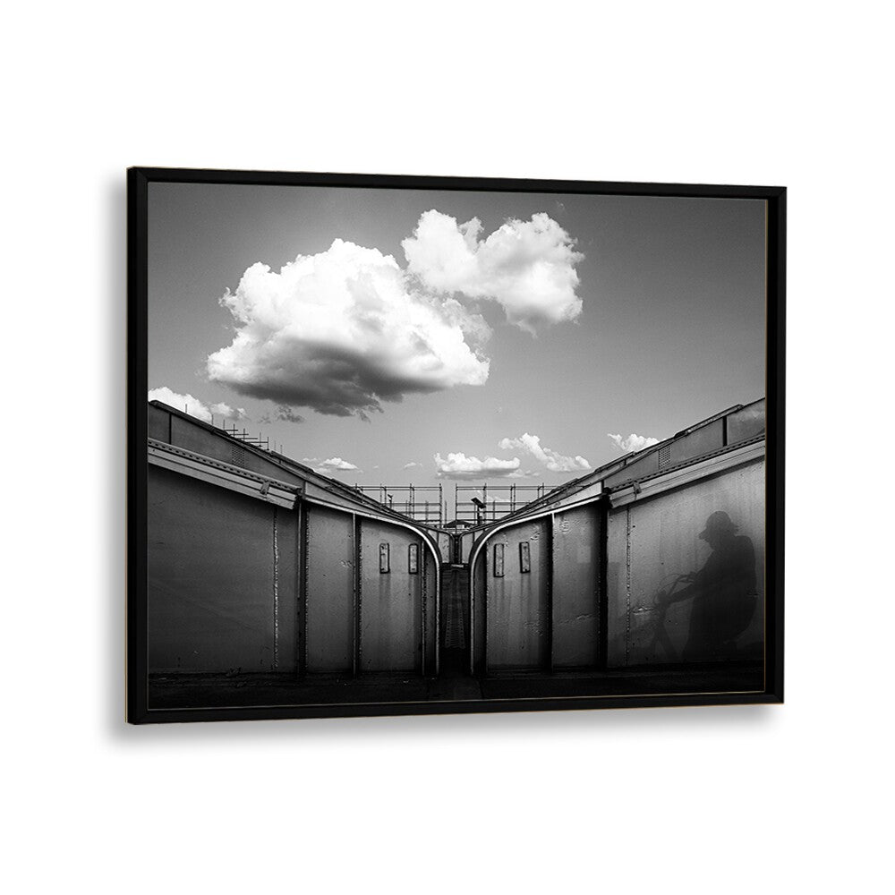 Black and white street photography print showcasing urban life, titled "ON THE BRIDGE, PHOTOGRAPHY PRINTS."