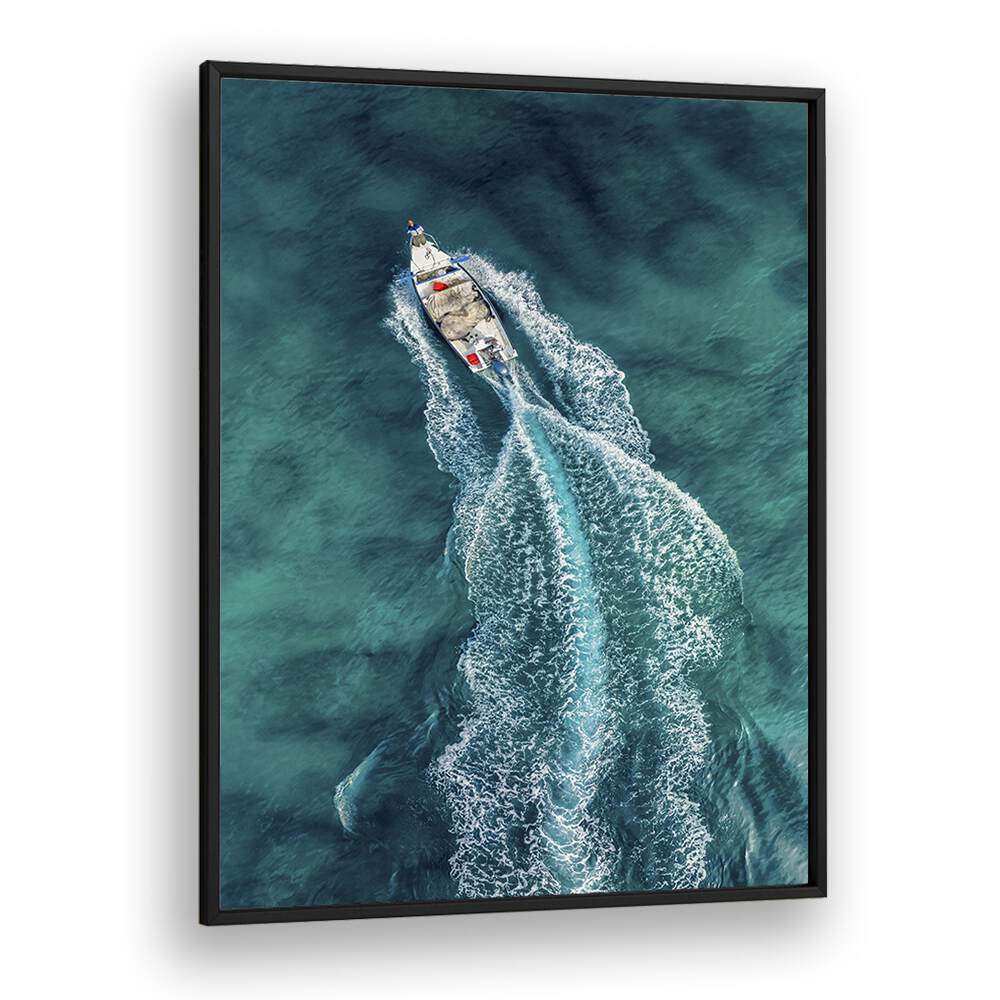 Stunning aerial shot of a boat gliding through clear waters, perfect for AERIAL PURSUIT, PHOTOGRAPHY PRINTS.